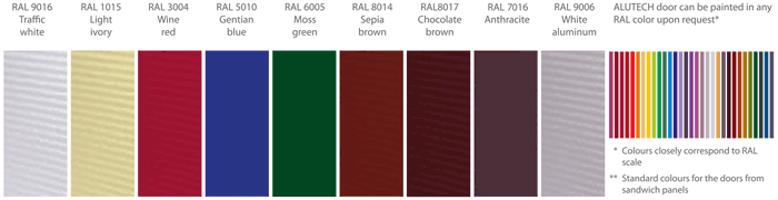 Alutech panoramic doors can be painted in 9 standard colors (without a price surcharge), or in any RAL catalogue color